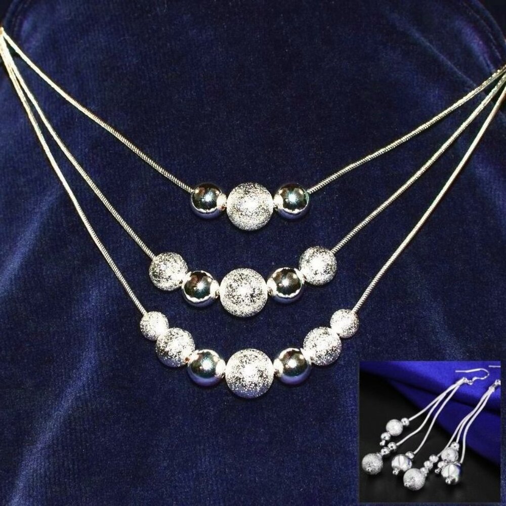 Giavanna Strands 3-Layer Sterling Silver Bead Necklace Dangle Earrings Gift Set - Picture 5 of 9